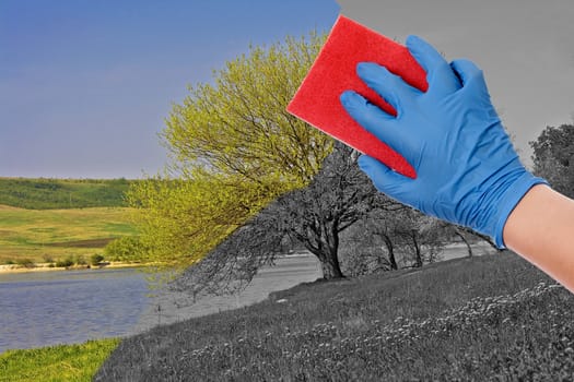 Hand in glove with blue sponge cleans the nature of dirt