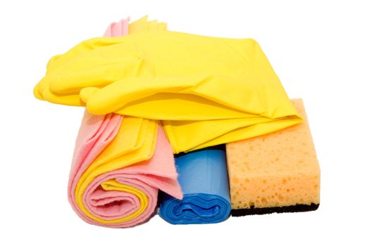 Cleaning supplies laid out on the floor, ready for the daily chores
