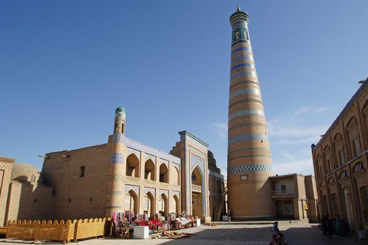 Panorama of the Mosque Islom Xoja, ancient city of Khiva, silk road, Uzbekistan, Central Asia