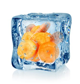 Ice cube and carrot isolated on a white background