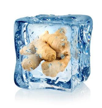 Ice cube and ginger isolated on a white background