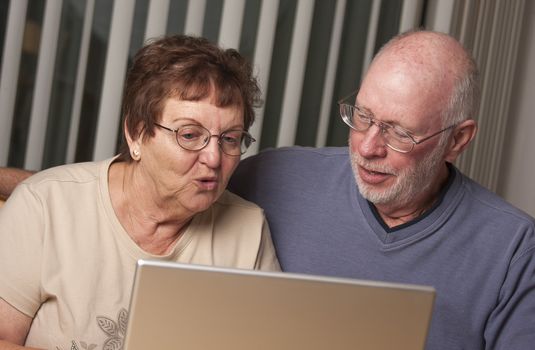 Smiling Senior Adult Couple Having Fun on the Computer Laptop Together.