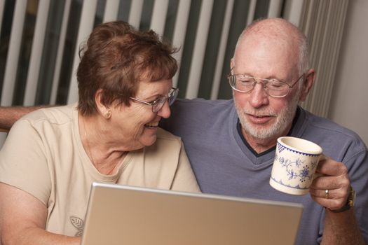 Smiling Senior Adult Couple Having Fun on the Computer Laptop Together.