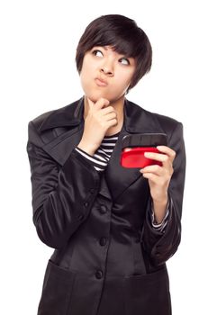 Pensive Young Mixed Race Woman Holding Her Mobile Phone and Looking to the Side Isolated on a White Background.