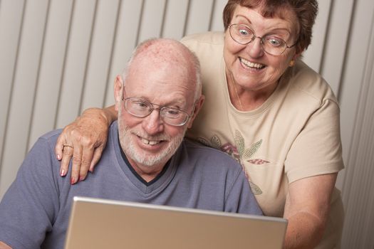 Smiling Senior Adult Couple Having Fun on the Computer Laptop Together.