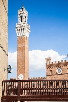 Italy, Siena, Piazza del Campo. Detail of Torre del Mangia, 700 years old