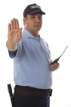 Security guard hand holding cb walkie-talkie radio