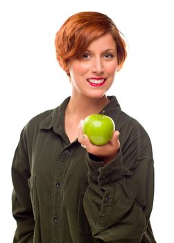 Pretty Young Woman Holding Green Apple Isolated on a White Background.