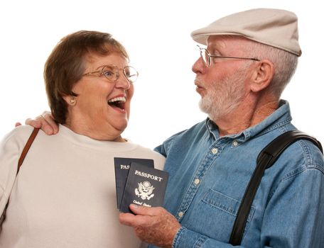 Happy Senior Couple with Passports and Bags Isolated on a White Background.