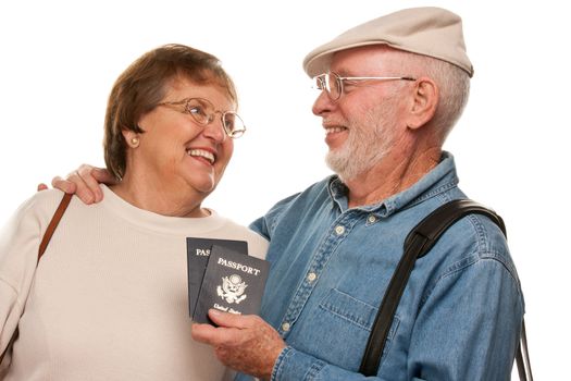 Happy Senior Couple with Passports and Bags Isolated on a White Background.