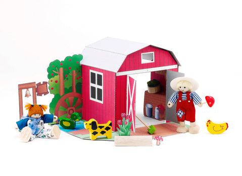 Paper doll barn house western style with farmer and there pets  