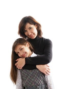 Mother and Daughter Smiling and Hugging isolated on white background