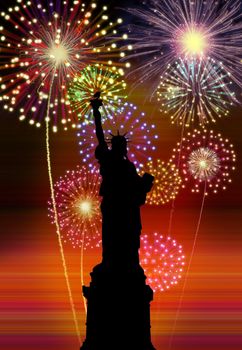 Fireworks happy new year New York city night liberty statue scene.