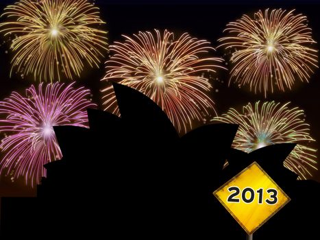 Fireworks happy New year Sidney city night scene with Opera house building landmark silhouette.