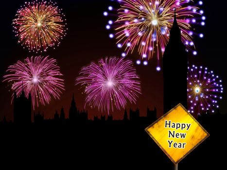 Fireworks happy New year London city night scene with Big Ben tower landmark silhouette.