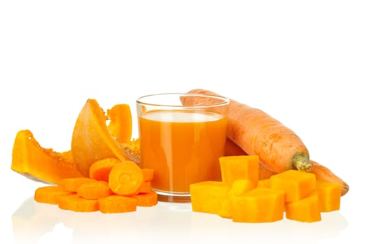 Fresh carrot and pumpkin juice isolated on white background