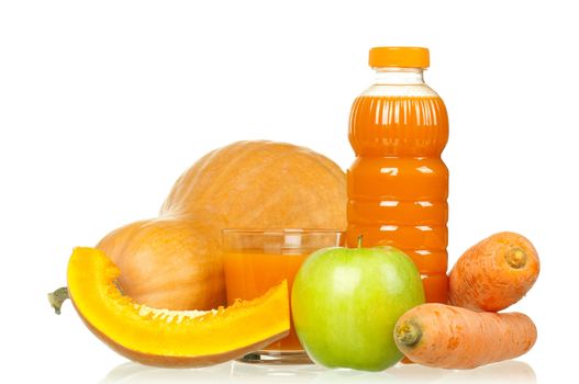 Fresh carrot, pumpkin and apple juice isolated on white background