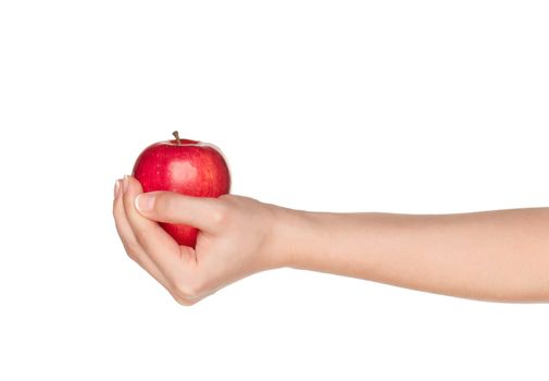 Woman hand with red apple isolated on white background