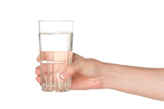 Woman hand with glass of water isolated on white background