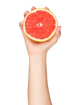 Woman hand with grapefruit isolated on white background