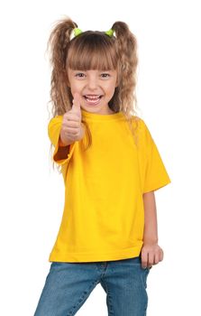 Portrait of happy little girl giving you thumbs up over white background