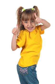 Portrait of happy little girl giving you thumbs up over white background