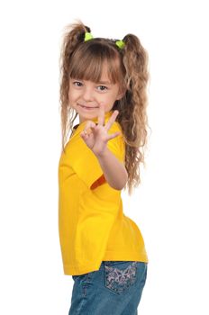 Portrait of happy little girl over white background