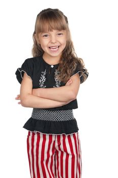 Portrait of happy little girl over white background