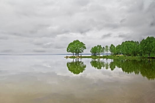 Green trees reflected in the lake surface under the cloudy sky