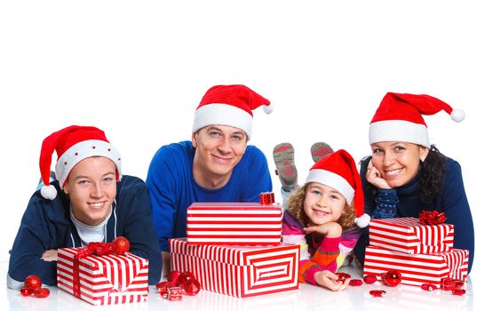 Portrait of friendly family in Santa's hat with gift box, isolated on white