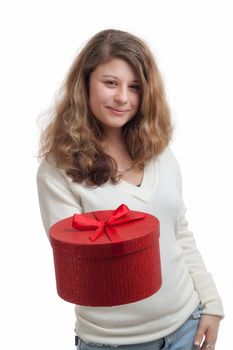 beautiful smiling blond woman holding a red gift box isolated on white 