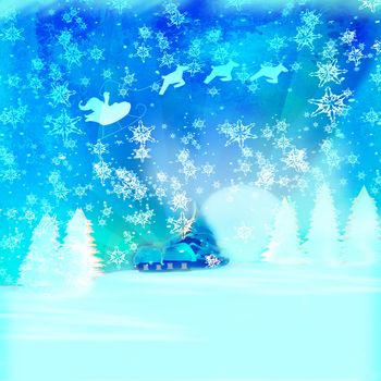 Happy New year card with Santa and winter landscape