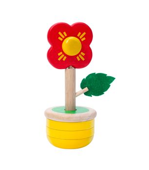 Colorful wooden flower toy vase isolates on white