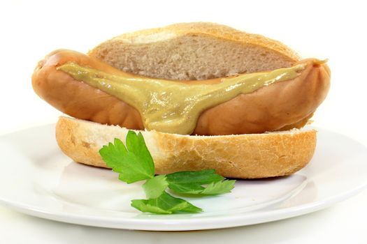 a scalded bockwurst in a sliced bun