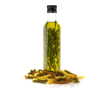 olive oil ans pasta isolated on white