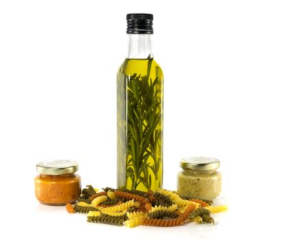 olive oil sauces and pasta food ingredients isolated on white