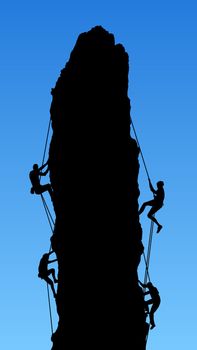 Illustration of four people climbing a Rock