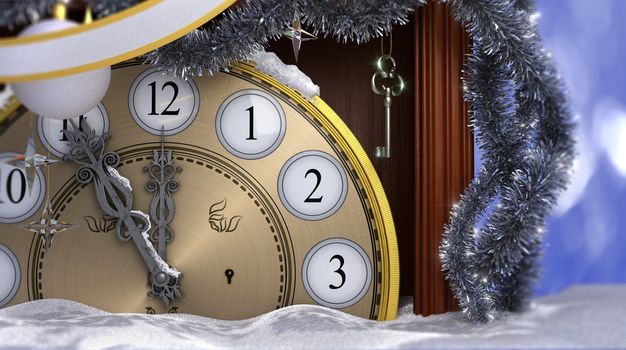 Happy New Year and Merry Christmas background with old clock,decorations, key and snow