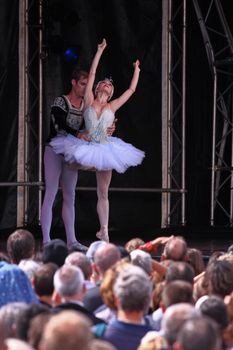 BRISTOL, ENGLAND - July 31: Megan Fairchild and Andrew Veyette of the New York City Ballet perform Swan Lake in the Dance Village at the three day Harbour Festival in Bristol, England on July 31, 2010