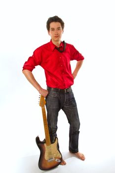 musician in a red shirt with a guitar