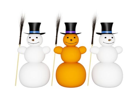 Three big snowman  with broom and hat