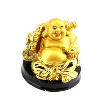 Gold smile buddha statuette on white background