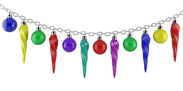 Bright Christmas decorations hanging on a chain