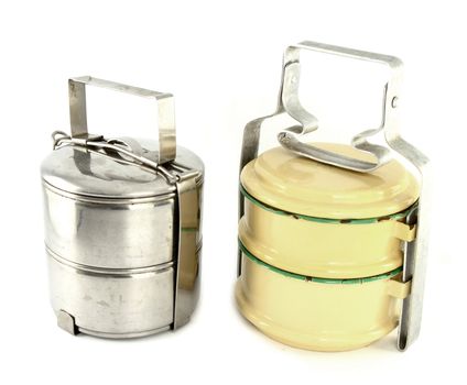Metal and silver tiffin, food container on white background