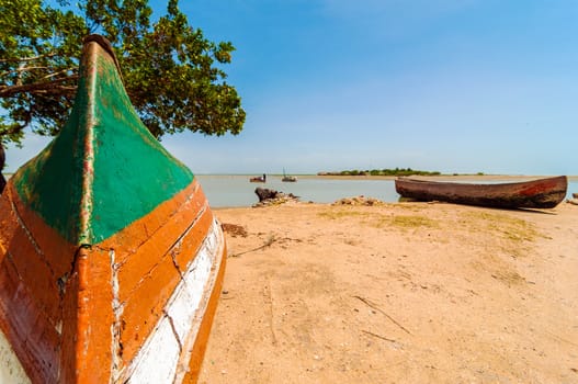 Canoes on a lakeshore in La Guajira, Colombia