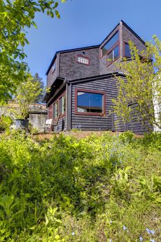 Black wooden modern house with spring backyard on the hill.