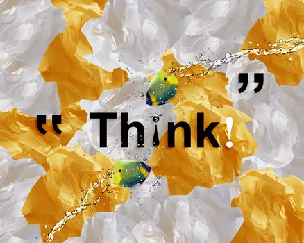 Crumpled colorful papers creating speech bubble with angel fish and water splashes.
