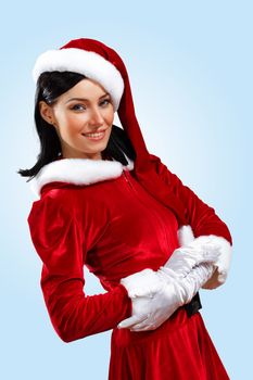 Santa Girl presenting your product, in costume and white gloves