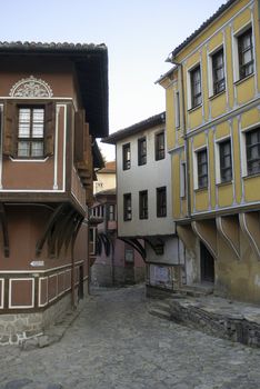 cobbled street and traditional bulgarian revival style architecture in plovdiv old town bulgaria