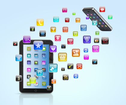 Modern communication technology illustration with mobile phone and high tech background